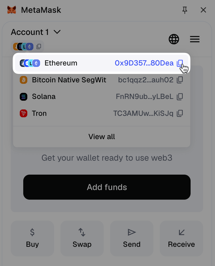 Copy MetaMask wallet address