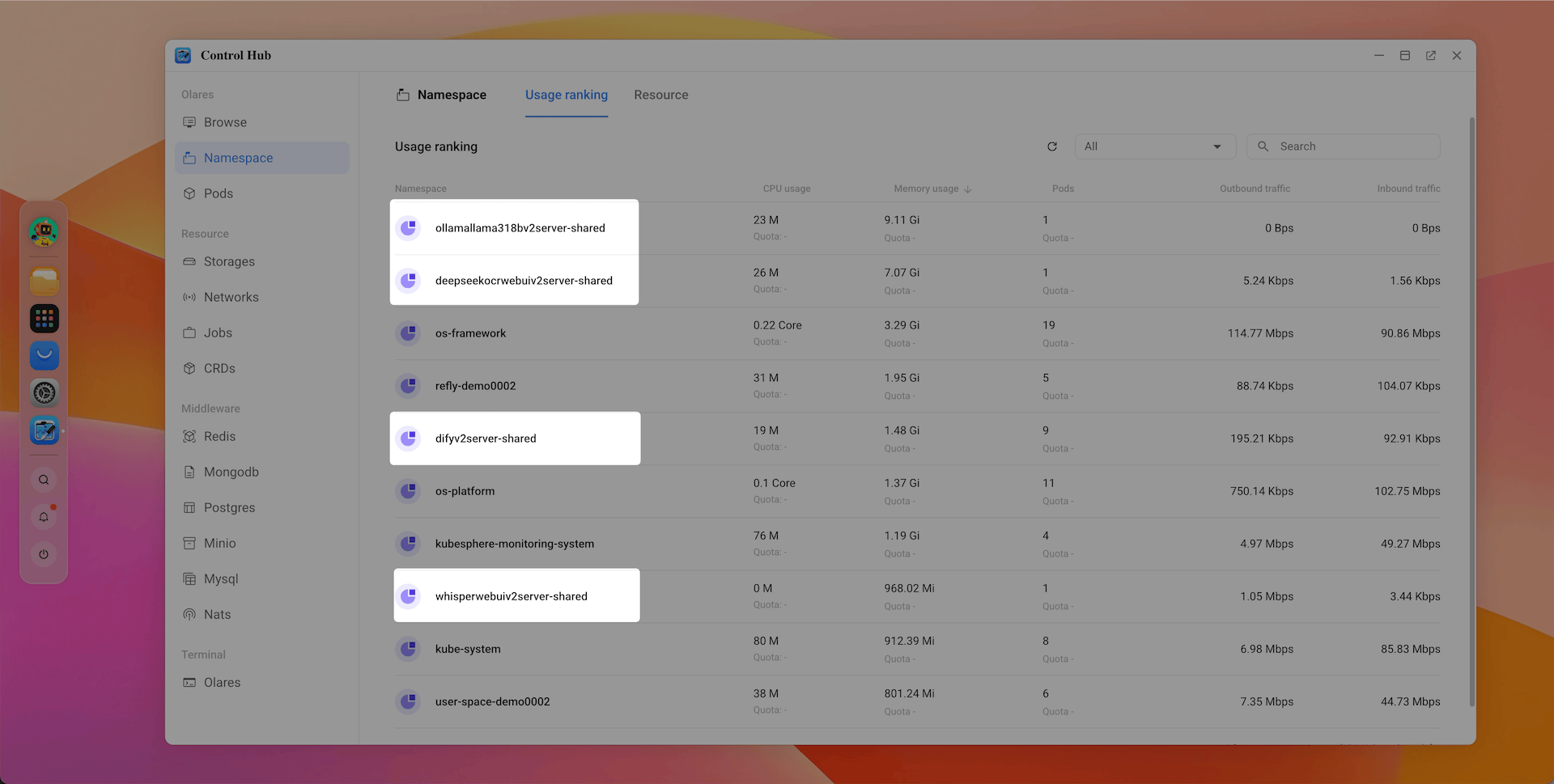 控制面板按内存排序的命名空间