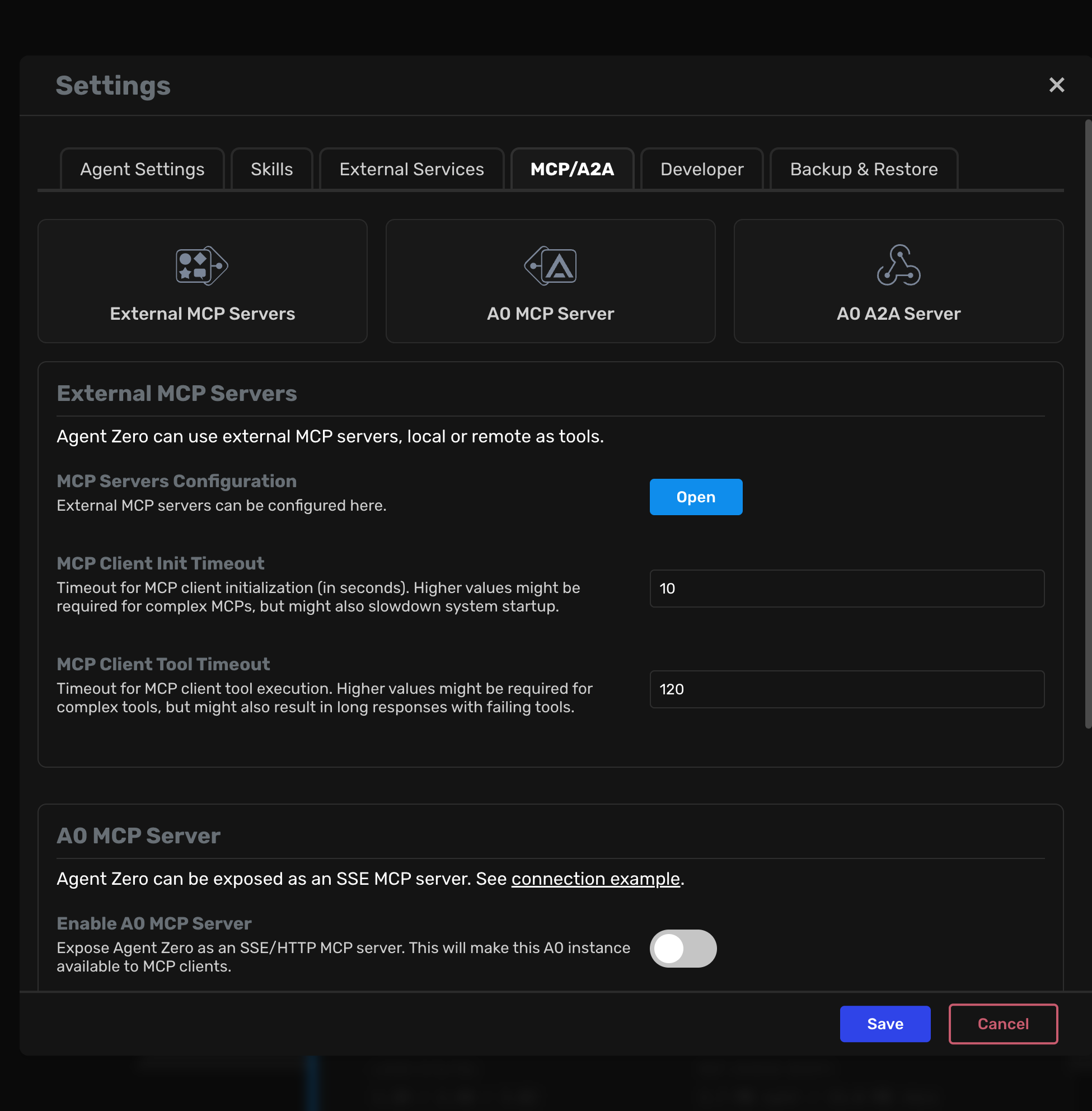 Agent Zero MCP settings