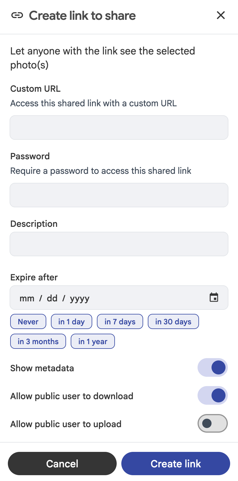 Create a share link for photos
