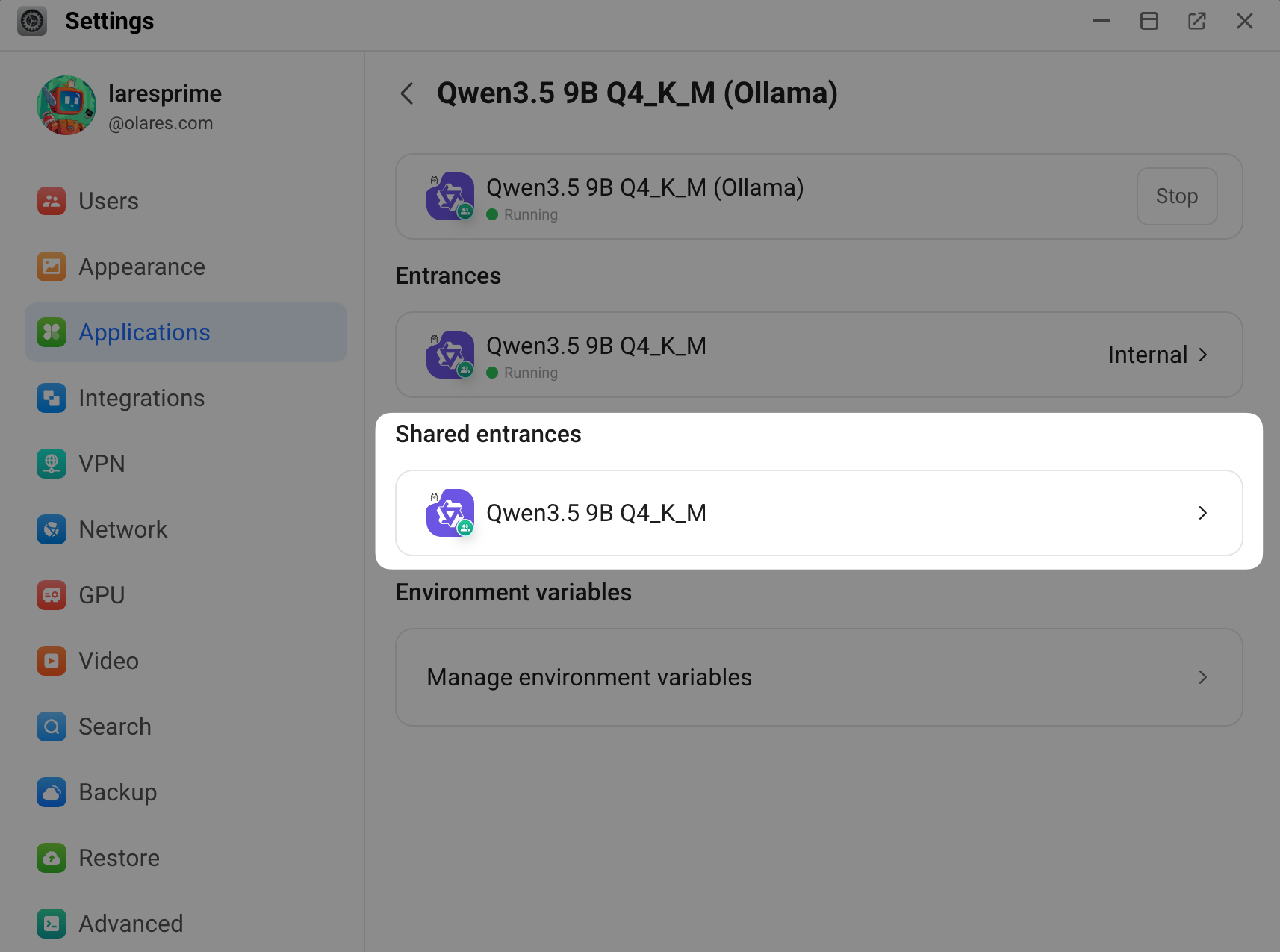 Model endpoint on Settings page