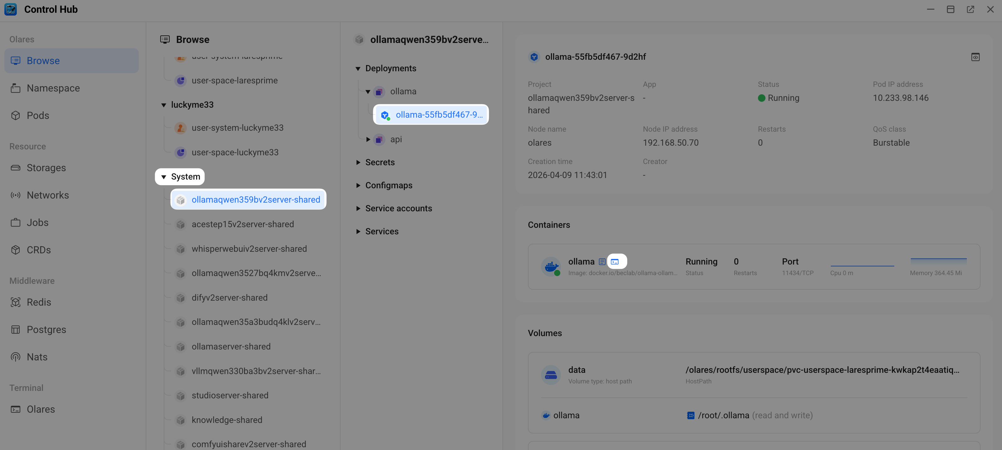Open pod terminal in Control Hub