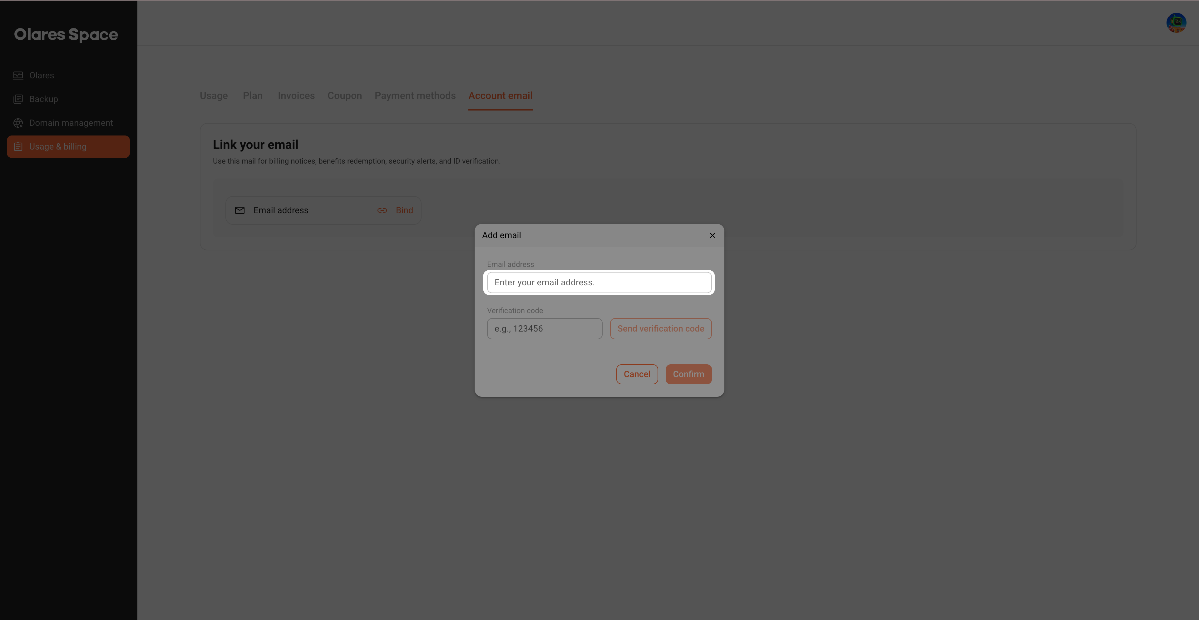 Olares Space bind email